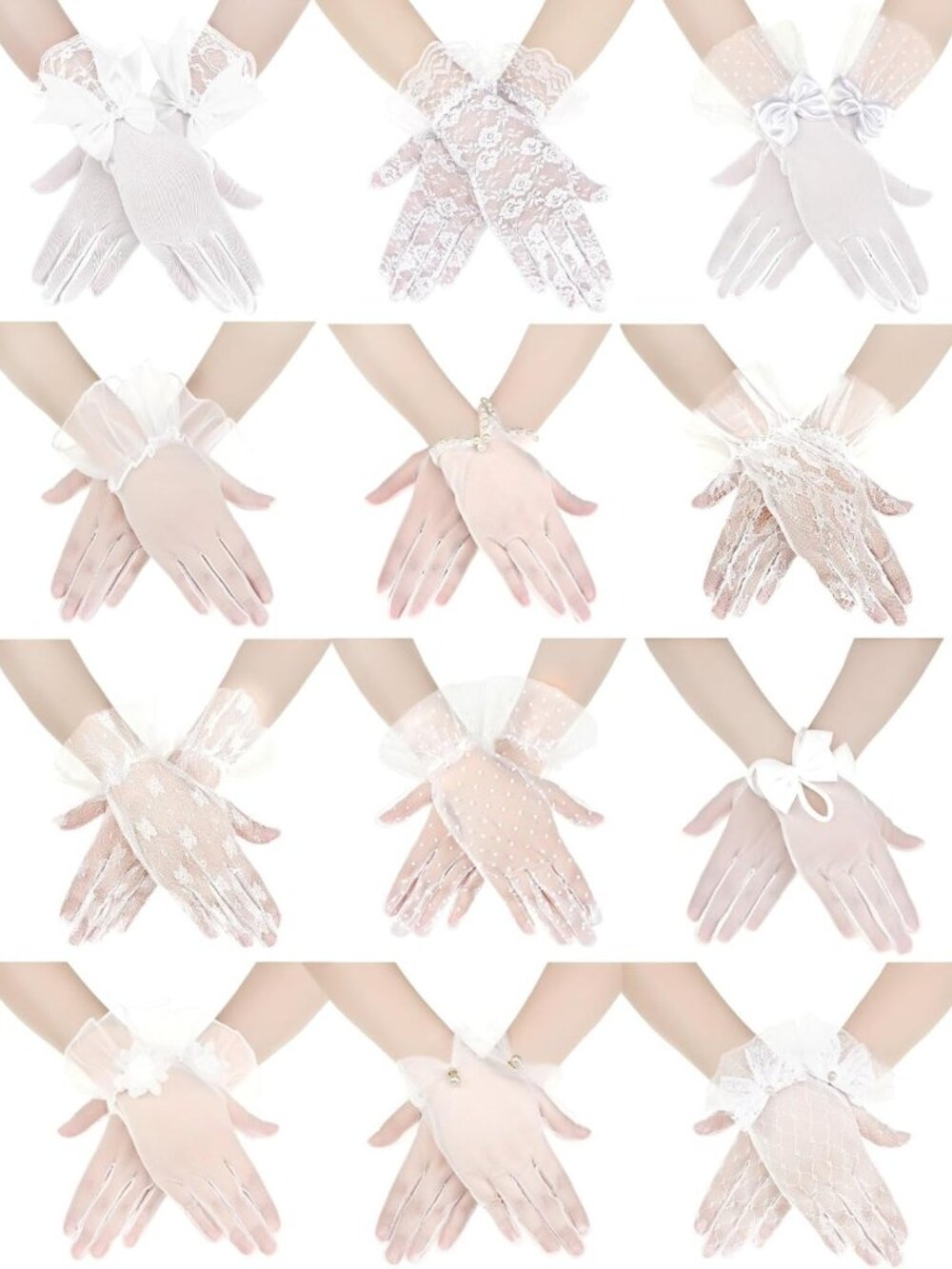Elegant White Lace Gloves for Women - 12 Pairs Short Tea Party Accessories